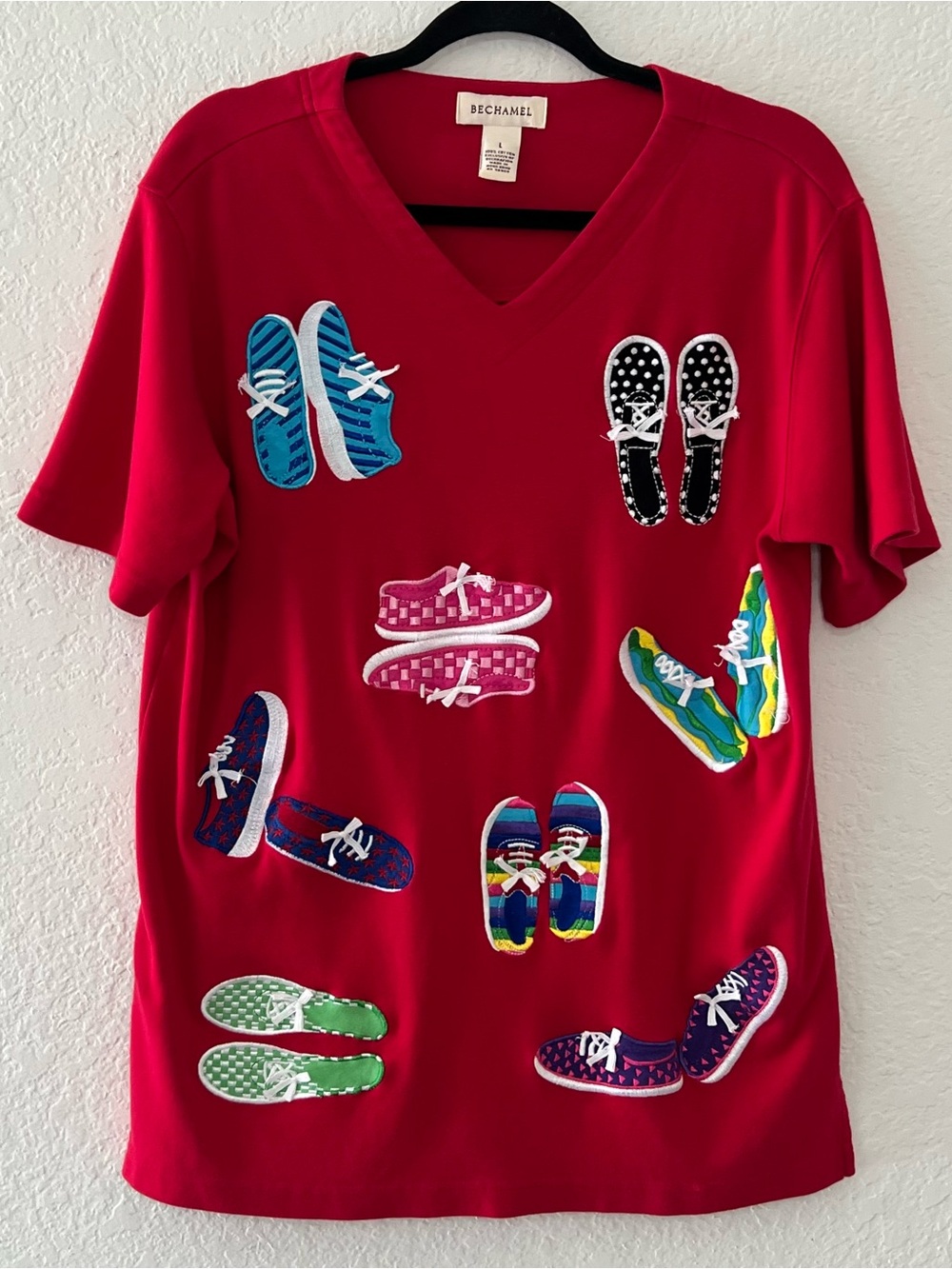 VTG Bechamel Red Embroidered Sneakers T Shirt Top V Neck Women’s Size Large 90’s
